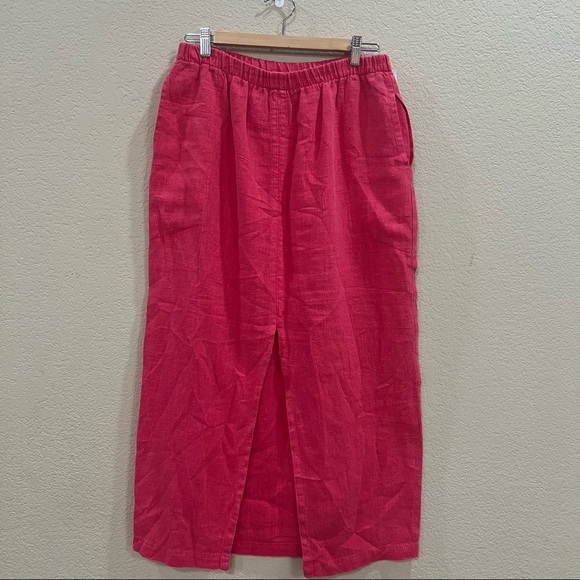 GERTIES Linen Long Pencil Midi Skirt Summer Pink Front Slit Sz M Coastal Retro - Picture 1 of 8